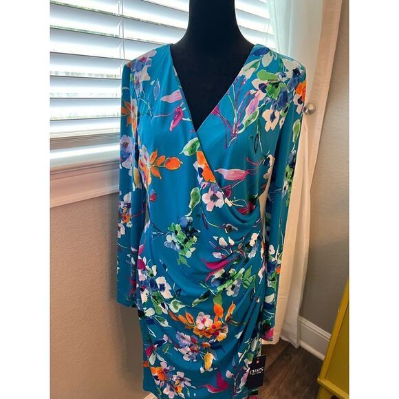 NWT Chaps cerulean blue multi color floral wrap midi dress. Poly, spandex. Sz 12 - Picture 11 of 11